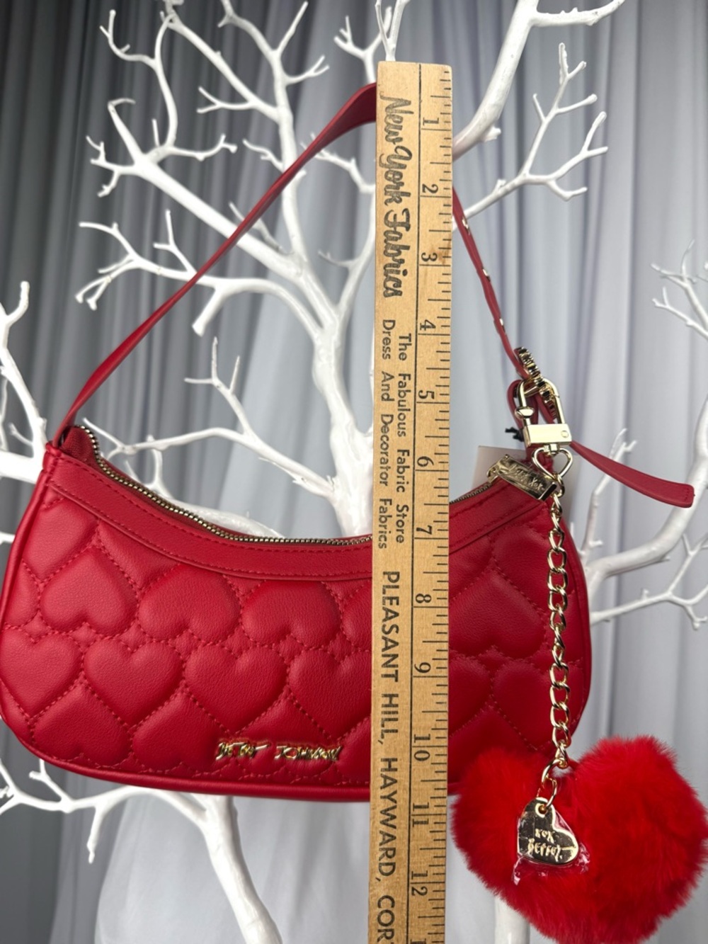 Betsey Johnson “Oh She Bows” Quilted Heart Mini Hobo Bag With Removable Pom-Pom - Picture 15 of 17